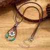 Estilo étnico retro bohemio aleación flor turquesa colgante cordón de cuero con cuentas collar para mujer joyería