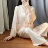 Pijama de Seda de Hielo para Mujer, Estilo Palacio Francés Primavera y Otoño Manga Larga Dulce Princesa Sencillo Ropa para el Hogar Conjunto de Seda de Hielo para Verano