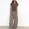 Pantalones Casuales Amplios de Pierna Ancha de Kendo Plisados de Cintura Baja con Cinturón, Color Caqui Gris Brillante y Textura Cremosa, SIN NADA FEO