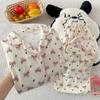 Pijama de tecido enrugado para primavera e outono para meninas, mulheres, com laço, manga comprida, macio e confortável, roupa de casa, conjunto, foto real, atacado