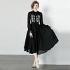 Outono Novo Estilo Elegante Manga Longa Gola Alta Bordado Pesado Renda Patchwork Vestido