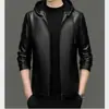 Jaqueta de Couro Masculina Outono/Inverno 2026, Casual de Negócios para Meia-Idade com Capuz, Zíper, Forro de Fleece, Casaco de Couro Espesso para Homens