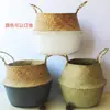 Cesta de Almacenamiento Tejida de Paja, Decoración para Sala de Estar del Hogar, Decoración de Plantas, Maceta Portátil Tejida de Paja, Cesta para Ropa Sucia, Maceta Azul con Asa