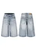 Pantalones Cortos Lavados de Mezclilla con Patrón de Bigotes Estilo Americano con Botones Diagonales para Hombres y Mujeres, Nuevo Estilo de Verano Holgados de Pierna Ancha Cleanfit