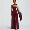 Comércio Exterior Transfronteiriço Roupas Femininas, Estilo Europeu e Americano Tomara-que-caia Cor Sólida Vestido Longo com Fenda, Vestido Longo Fashion e Sexy Sem Costas com Fenda Alta