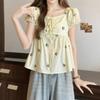 Blusa Casual de Verão com Estampa de Laços com Efeito Emagrecedor Manga Curta Bufante Camisa de Manga Curta Pg8679