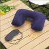 Almohada Inflable en Forma de U de Flocado de PVC Almohada en Forma de U Viajes al Aire Libre Viajes Kit de Tres Piezas Camping Máscara para Ojos Tapones para los Oídos