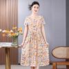 Vestido de viscose para mulheres de meia-idade e idosas, vestido de verão com mangas curtas, comprimento abaixo do joelho, cintura marcada, vestido de algodão e seda para mãe