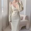 Vestido retro sexy ajustado largo con tirantes halter, cárdigan de punto de otoño, chal de manga larga, traje de dos piezas, falda