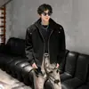 Jaqueta moletom com capuz cardigã desconstruído estilo americano de outono com ombros acolchoados para homens, jaqueta curta esportiva casual com zíper resistente