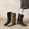 Botas robustas, de pierna ancha, estilo Western con hebilla de cinturón de cuero sintético tipo gamuza, 2026, tacones altos gruesos, punta fina, botas de cuero genuino hasta la pantorrilla para mujer