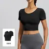 Ropa de Yoga para Mujer Manga Corta con Almohadillas en el Pecho Espalda Cruzada Bonita Top Deportivo Secado Rápido Corte Ajustado Ropa para Fitness Correr Entrenamiento