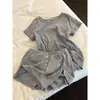 Novo Estilo de Pijama de Verão Ins para Mulheres, Shorts de Manga Curta, Parte de Baixo Cinza, Estampa Pequena de Cereja, Conjunto de Roupa de Casa Estilo Coreano para Meninas