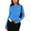 Camisa Casual Feminina Popular Europeia e Americana de Manga Longa para Primavera e Outono Cor Sólida Slim Fit Pulôver Top Roupas de Rua Femininas Camada Base