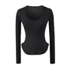 Camiseta Básica Feminina Manga Longa Gola U Cor Sólida com Barra Curva, Estilo Pure Desire, Slim Fit, para a Primavera