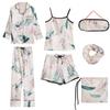Pijama nuevo de siete piezas con flores para mujer, primavera, manga larga, tipo seda, sexy, para estar en casa