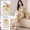 Pijama de algodón de manga larga y pantalón largo con copas en el pecho, cárdigan con cuello de solapa, conjunto de dos piezas de ropa de casa de moda para mujer, adecuado para usar al aire libre