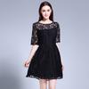 Marca verano nuevo elegante adelgazante hueco encaje negro vestido talla grande Manga Corta falda línea A
