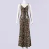 11631 Ropa Europea y Americana Nazada Otoño Nuevo Vestido con Lentejuelas Estampado de Leopardo Espalda Abierta con Cordones Falda de Cola de Pez con Escote Profundo para Mujer
