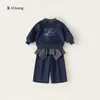 Bangxuan Ropa Infantil Niños Sudadera con Estampado de Lazo Conjunto de Dos Piezas Cubrepañal Pantalones Rectos Conjunto de Dos Piezas para Niñas Moderno