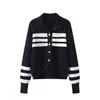 Cardigan de Tricô Feminino Inverno Coreano Novo Design Listrado Gola Alta Abertura Frontal