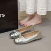 Zapatos planos de punta cuadrada con lazo para mujer 2025 Verano Nuevo Retro Versátil Plata Boca Baja Suaves Zapatos de Frijol