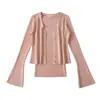 Conjunto de Dos Piezas Tejido Estilo Puro Deseo Otoño Nuevo Cárdigan Tejido Delgado de Punto con Cuello en V Chaleco Base de Cuello Cuadrado para Mujer