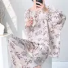 Pijama de Algodón y Seda para Mujer, Nuevo para Primavera y Otoño, Tallas Grandes, Manga Larga, Estampado, Estilo Celebridad de Internet para Transmisión en Vivo, Ropa de Casa de Rayón, Verano