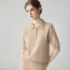 Suéter de punto de cachemir para mujer, modelo nuevo 2026, con cuello polo de manga corta y escote con cuentas de alta resistencia, suéter simple y elegante de manga corta
