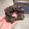 Elástico de cabelo elegante com bolinhas marrons e laço de acetato, acessório versátil para rabo de cavalo, ornamento de cabelo