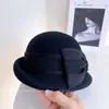 Boina de Hilo de Cristal de Encaje Francés con Lazo Sombrero de Fieltro de Lana Australiana para Mujer Estilo Hepburn Sombrero de Moda Otoño e Invierno