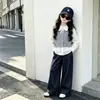 Moda para Niñas Tendencia Niños Primavera y Otoño Nuevo Chaleco Camisa Pantalones de Pierna Ancha Conjunto de Tres Piezas Pantalones Largos de Mezclilla de Pierna Ancha para Niñas con