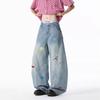 Comercio Transfronterizo Jeans de Pierna Ancha con Pedrería de Color Claro para Mujer, Otoño 2025 Nuevo Cintura Alta con Diseño Bordado, Rectos Adelgazantes