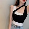 Camisola de dos piezas falsas a contraste de color, hombro inclinado, traje pequeño de verano para mujer, camisa base interior, ropa exterior, top corto