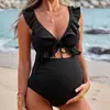 2026 Novo Maiô de Peça Única Sexy Liso Estilo Europeu e Americano para Grávidas com Decote em V Profundo Franzido e Design Vazado Biquíni de Praia