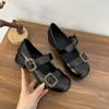Sapatos Mary Jane Redondos Estilo Francês Retrô para Mulheres com Salto Grosso, Novos Sapatos de Couro Pretos Versáteis com Tira Única para Primavera e Outono de 2025