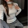 Camiseta de fondo estilo coreano Lyocell Tencel para mujer con cuello en V para otoño e invierno, empalme de encaje cepillado para llevar por dentro y por fuera, manga larga