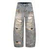 Calça Jeans Masculina Jiayiku 2025 Nova Estilo Americano High Street Wasteland Cor Ferrugem Lavada Rasgada Perna Larga