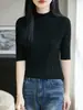 Tricô de lã pura com padrão ondulado, gola semi-alta, mangas médias, leve para primavera-verão, camisa base elegante, top versátil para estilo casual