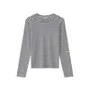 Camiseta de manga larga para mujer de Tencel Lyocell con rayas de contraste, cuello redondo, estilo coreano, holgada y casual, adecuada como prenda interior para el verano