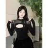 Camiseta de Chica Picante Negra con Lazo Ropa para Mujer 2026 Primavera Nuevo Estilo Empalme de Malla Hueca Ajustada Camiseta Básica de Manga Larga