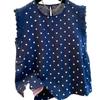 En Stock Estilo Francés Único Lino Lunares Volantes Adorno de Encaje Mangas Cortas Ligeras Blusa Top para Mujer Elegante Reductor de Edad Camiseta sin Mangas Mujer