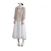 Sudeste Asiático Transfronterizo Primavera y Verano Talla Grande Suelto Elegante Casual Literario Retro Algodón y Lino Cuello Redondo Manga Larga Top de Color Puro