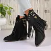 Comércio Exterior Transfronteiriço plus size outono e inverno novas botas western cowboy de camurça vintage com saltos grossos, tachas e franjas para mulheres