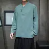Mejorada camiseta de manga larga de algodón y lino estilo Hanfu para hombre, estilo chino, cuello en V retro, traje Tang, camisa casual talla grande, camiseta interior para hombre
