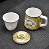 Taza de Cerámica Esmaltada para Oficina con Tapa e Infusor, Taza de Agua con Filtro de Pájaros Florales Chinos de 3 Piezas