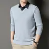 Suéter de Dos Piezas Falsas para Hombre de Otoño e Invierno, Cuello de Camisa, Engrosado, Cálido, Tejido, Camiseta Interior, Color Sólido, Ropa Interior para Hombre, Venta al por Mayor
