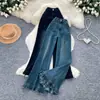 Jeans de campana retro de cintura alta para mujer con ribete de encaje, adelgazantes y que realzan la figura, pantalones largos ligeramente acampanados, diseño de otoño 2026, estilo americano