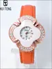 Reloj de Red Social Tiktok caja con pedrería de flor Correa naranja nueva moda creativo para mujer