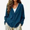 Cardigã de veludo cotelê outonal europeu e americano com decote V para mulheres, corte solto, dois botões, cor sólida, manga longa, casual, com bolsos, jaqueta de veludo cotelê